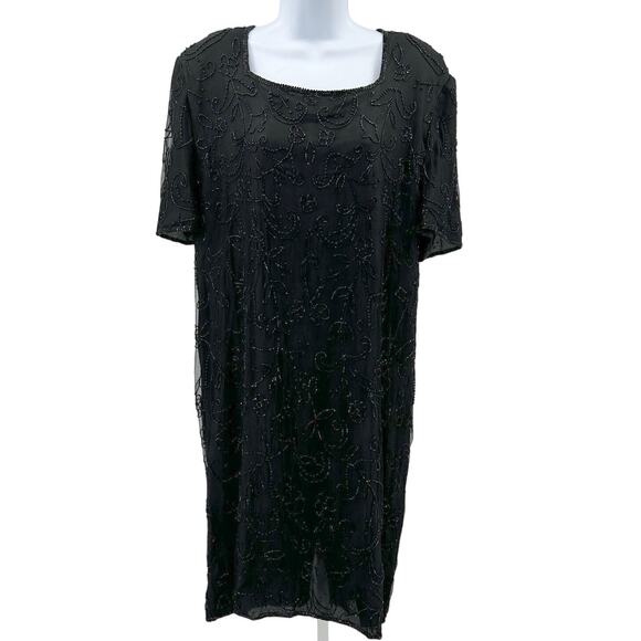 JMD New York Sheath Dress WMNS 3X Black Silk Beaded Short Sleeve Lined Back Zip - Picture 12 of 12